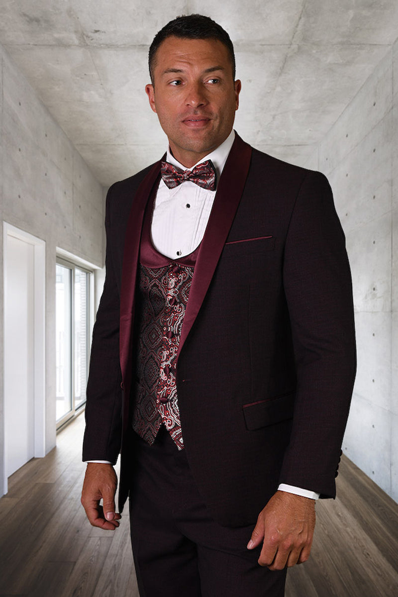 Men's Burgundy Shawl Tuxedo with Paisley Vested Set