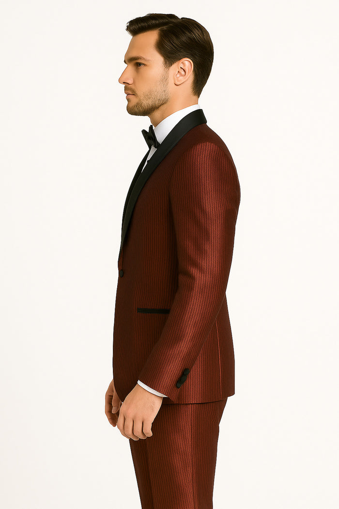 Men's Burgundy Shiny Tuxedo with Black Satin Shawl Lapel - Ultra Slim Fit Party & Prom Suit by USA Men's Outlet
