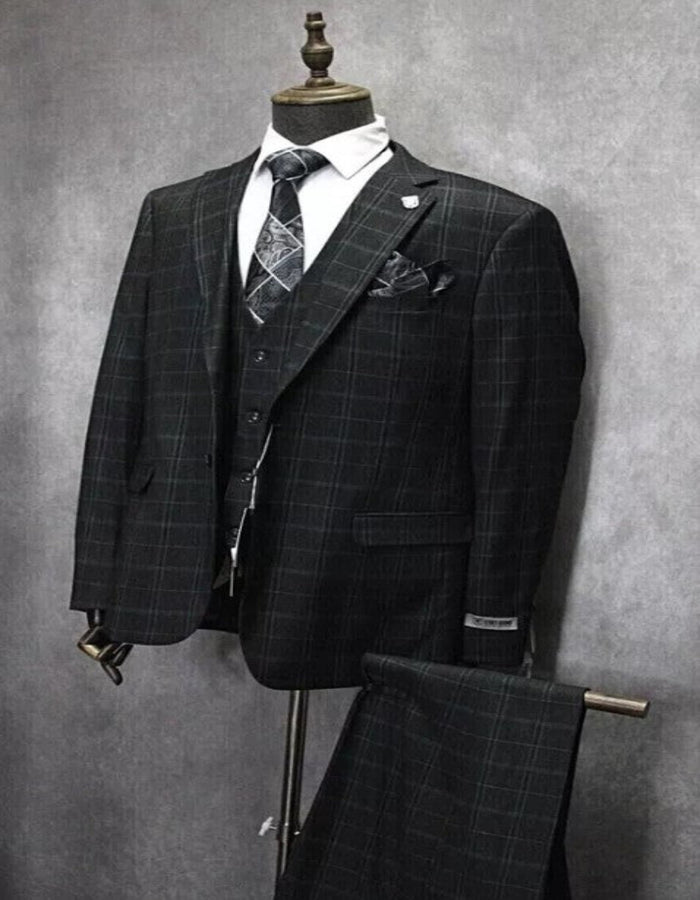 Mens Three Button Notch Lapel Plaid Pattern Suit Charcoal ~ Blue ~ White by USA Men's Outlet
