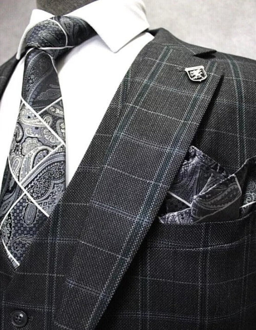 Mens Three Button Notch Lapel Plaid Pattern Suit Charcoal ~ Blue ~ White by USA Men's Outlet