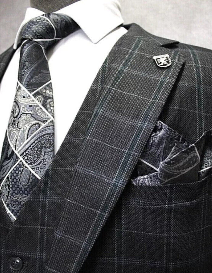 Mens Three Button Notch Lapel Plaid Pattern Suit Charcoal ~ Blue ~ White by USA Men's Outlet