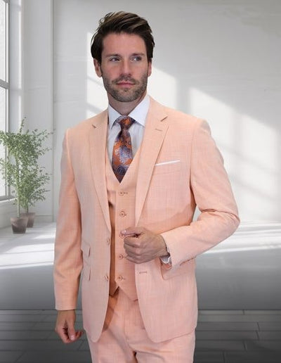 Peach Color Wool Suit in 2 Buttons Ticket Pocket - Light Orange Blush Color Summer Suit By Statement
