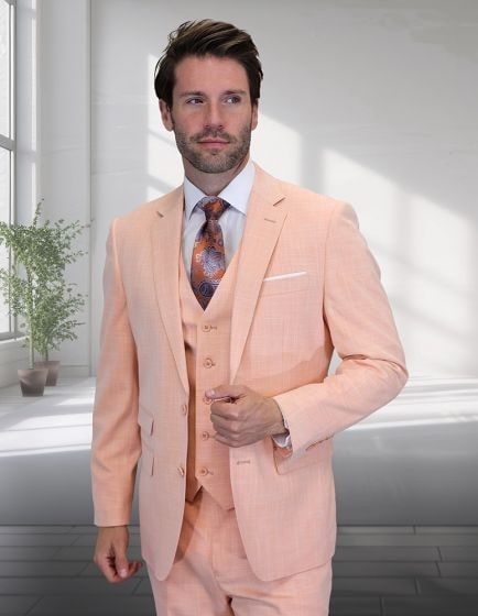 Peach Color Suit in 2 Buttons Ticket Pocket - Light Orange Blush Color Summer Suit By Statement from USA Men's Outlet