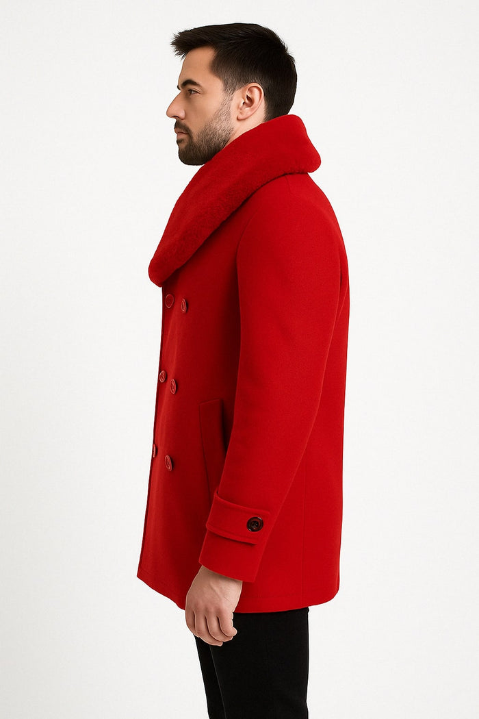 Mens Peacoat Color Red Color - Wool Overcoat with Faux Fur Shawl Collar - Double-Breasted Peacoat for Winter USA Men's Outlet
