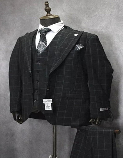 Mens Two Button Peak Lapel Plaid Pattern Suit Charcoal ~ White by USA Men's Outlet