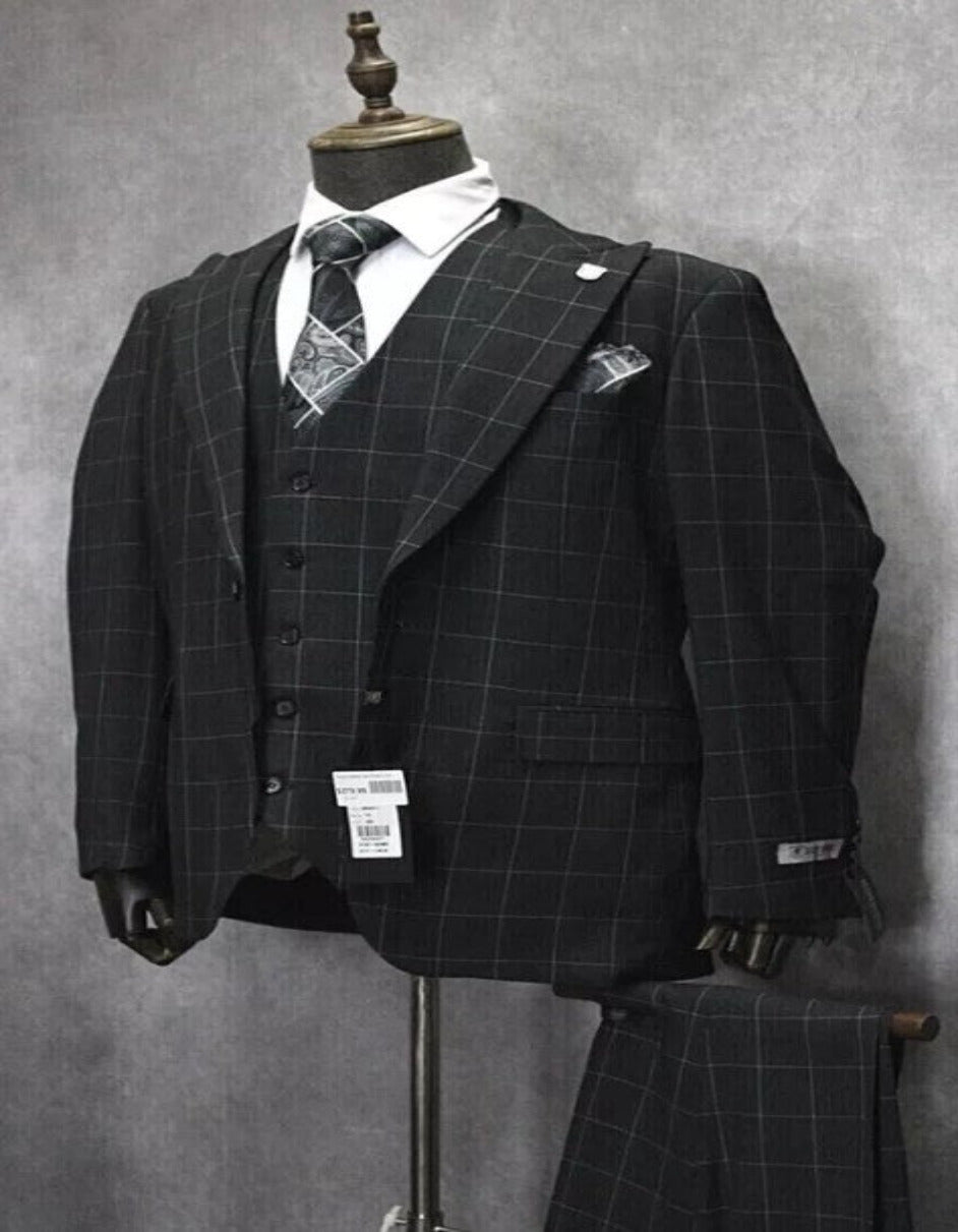 Mens Two Button Peak Lapel Plaid Pattern Suit Charcoal ~ White by USA Men's Outlet