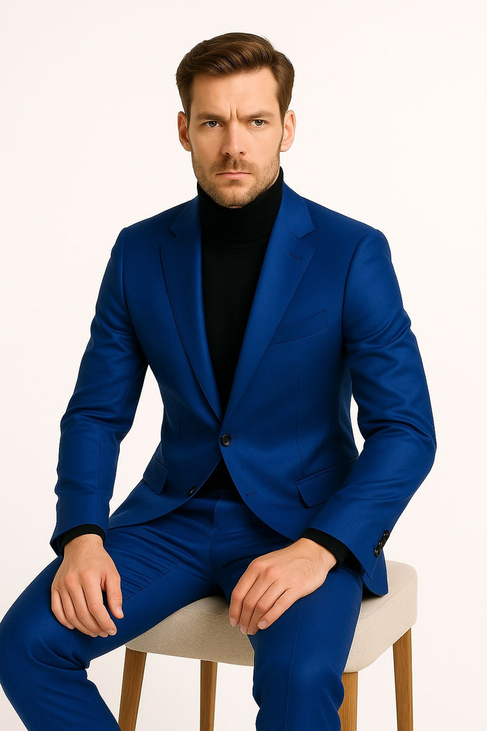 Men's Royal Blue Shiny Satin Suit - 2-Piece Slim Fit Tuxedo with Peak Lapel by USA Men's Outlet