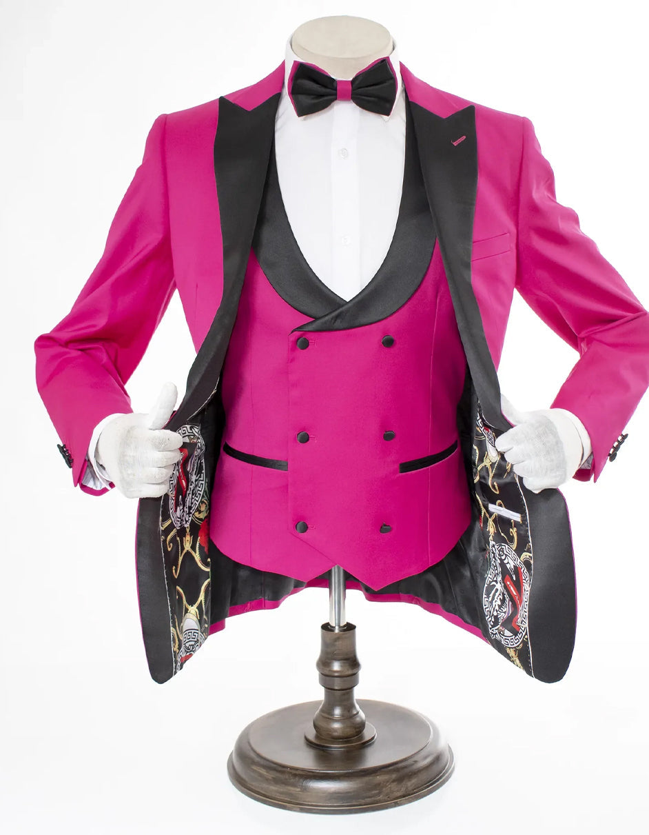 Mens 2 Button Peak Lapel Prom Rose Pink Tuxedo with Double Breasted Vest - Men's Tuxedo USA – SuitUSA
