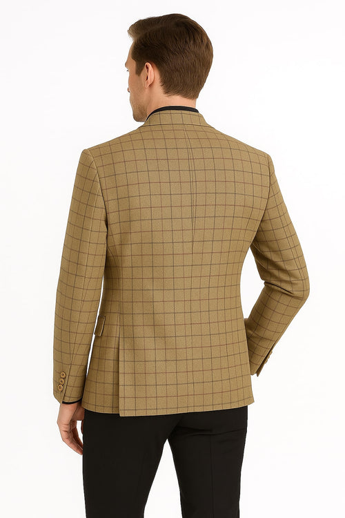 Men's Tan Plaid Blazer – Windowpane Checkered Taupe Colar with Conservative burgunsih Pattern Mix Perfect For Business