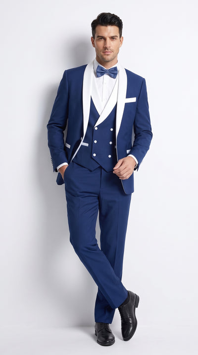 Men’s Royal Blue Tuxedo 3 Piece Suit with White Shawl Lapel – Double Breasted Vest Wedding & Prom Suit