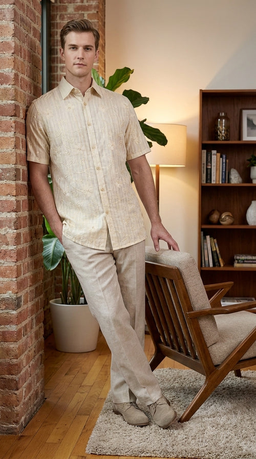 Men’s Cream Abstract Stripe Walking Suit Set, 2 Piece Short Sleeve Casual Shirt and Pants Outfit