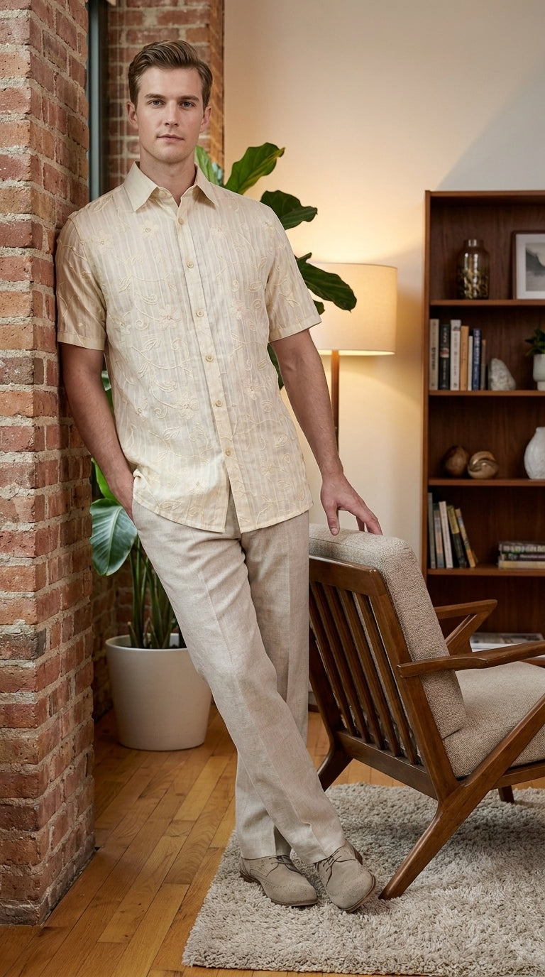 Men’s Cream Abstract Stripe Walking Suit Set, 2 Piece Short Sleeve Casual Shirt and Pants Outfit