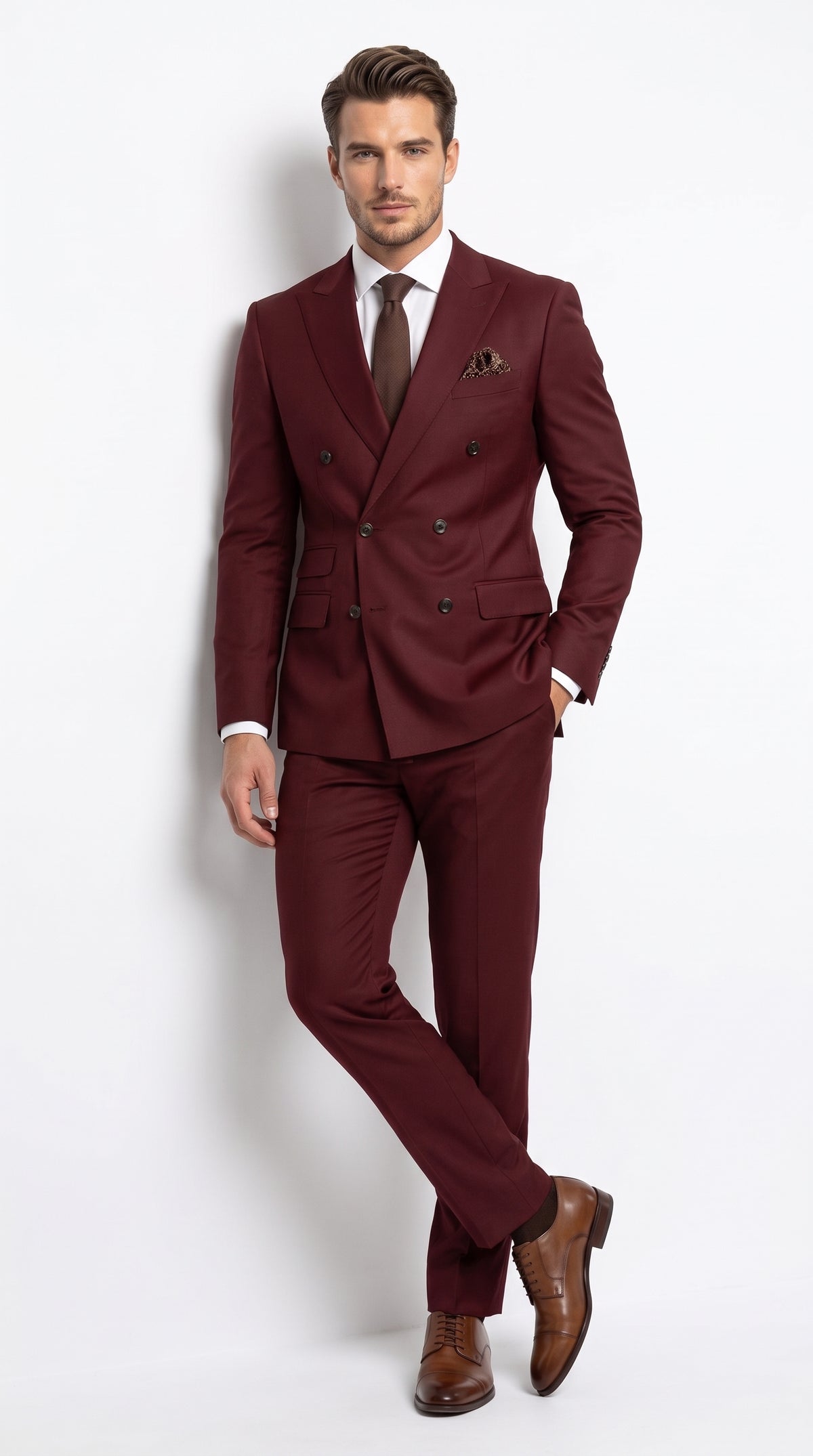 Men’s Burgundy Double Breasted Suit – Modern Fit Wedding, Prom & Formal Suit with Tapered Pants – SuitUSA