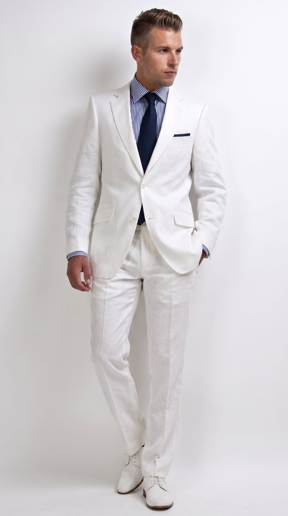 Men’s Big & Tall White Linen Suit – 2 Piece 2-Button Summer Wedding & Beach Suit with Tapered Pants