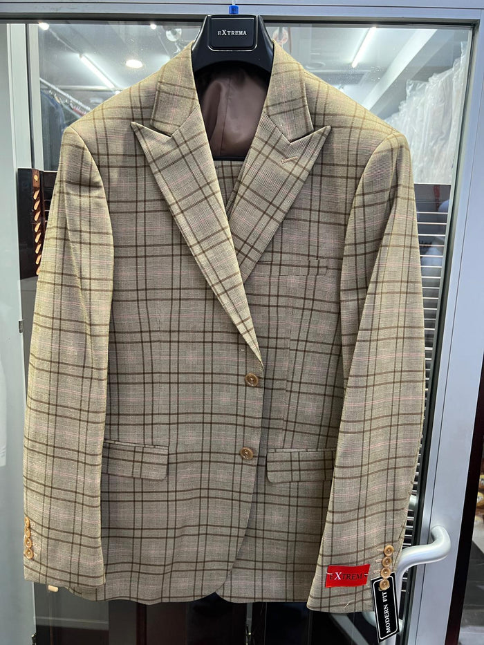 Men's Tan Plaid Blazer - Windowpane Checkered Taupe Colar with Conservative burgunsih Pattern Mix Perfect For Business by USA Men's Outlet