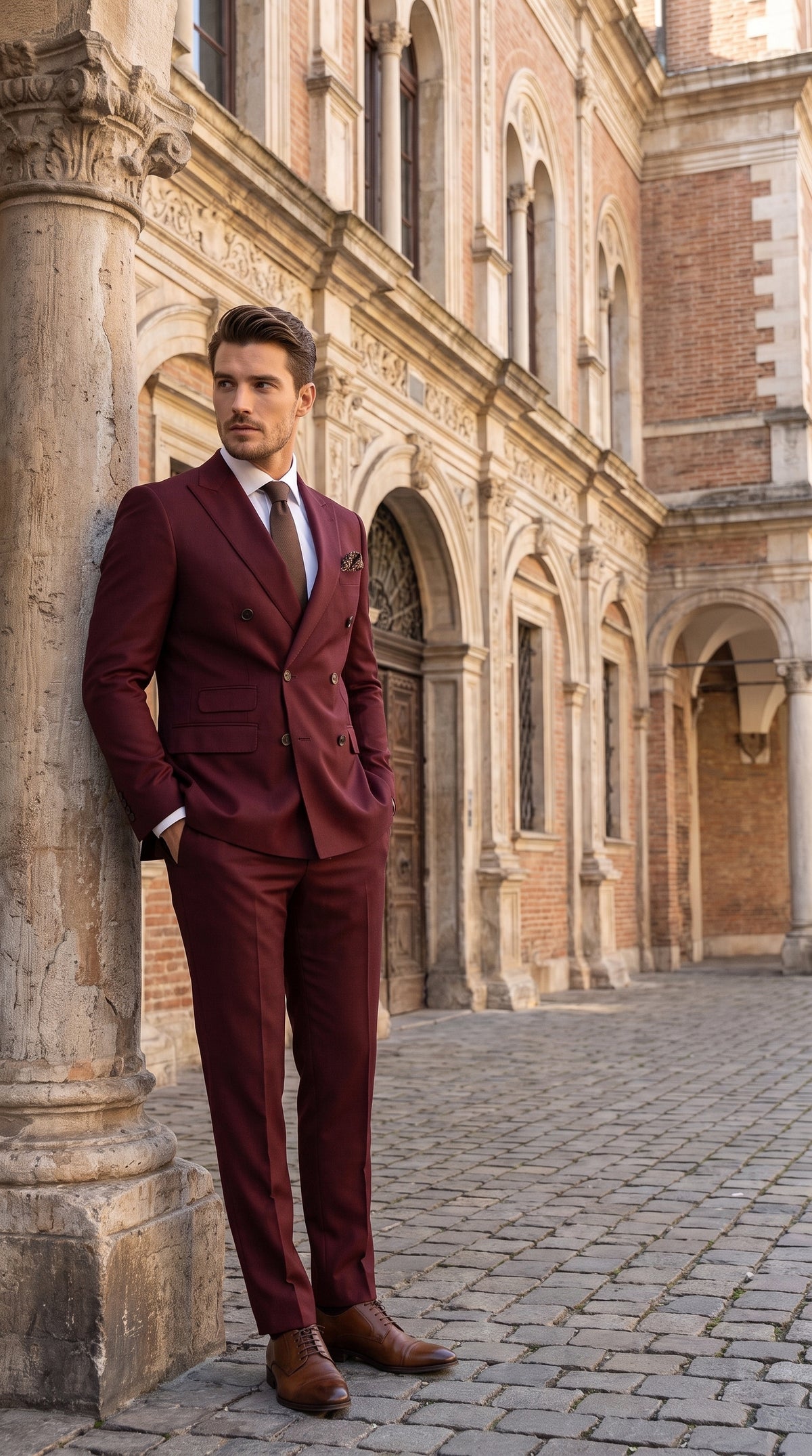 Men’s Burgundy Double Breasted Suit – Modern Fit Wedding, Prom & Formal Suit with Tapered Pants