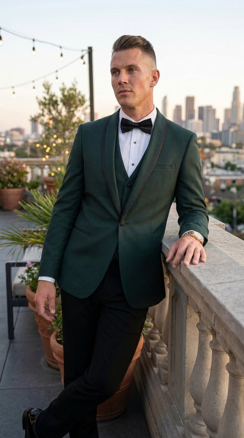 Men’s Hunter Green Shawl Lapel Tuxedo with Satin Trim, Formal Wedding Prom Dinner Suit