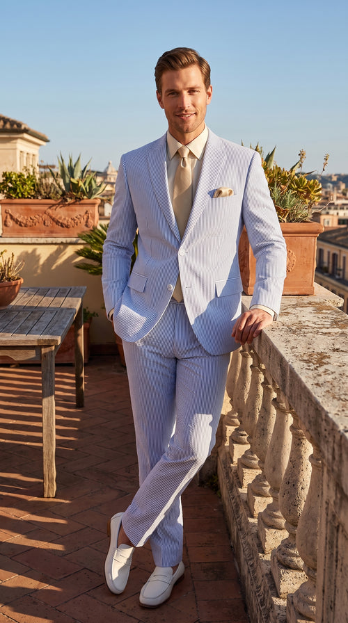 Men’s Navy Blue Pinstripe Seersucker 2 Piece Summer Suit, Lightweight Wedding and Beach Suit