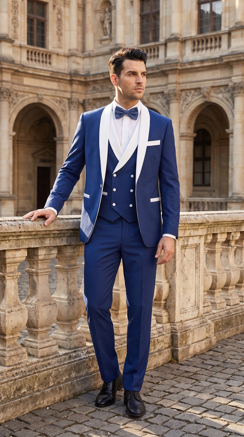 Men’s Royal Blue Tuxedo 3 Piece Suit with White Shawl Lapel – Double Breasted Vest Wedding & Prom Suit