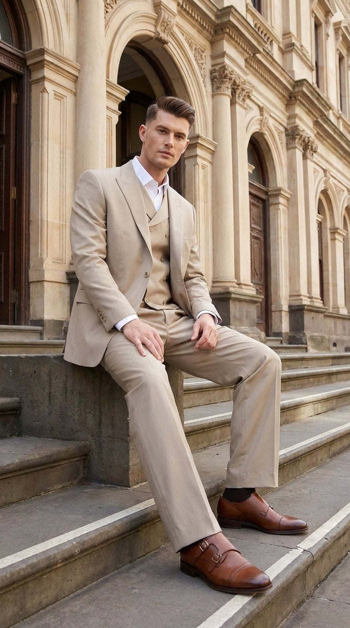 Tiglio Rosso Men’s Tan 3-Piece Italian Wool Suit – Classic Fit Peak Lapel Suit with Double-Breasted Vest and Pleated Wide-Leg Pants