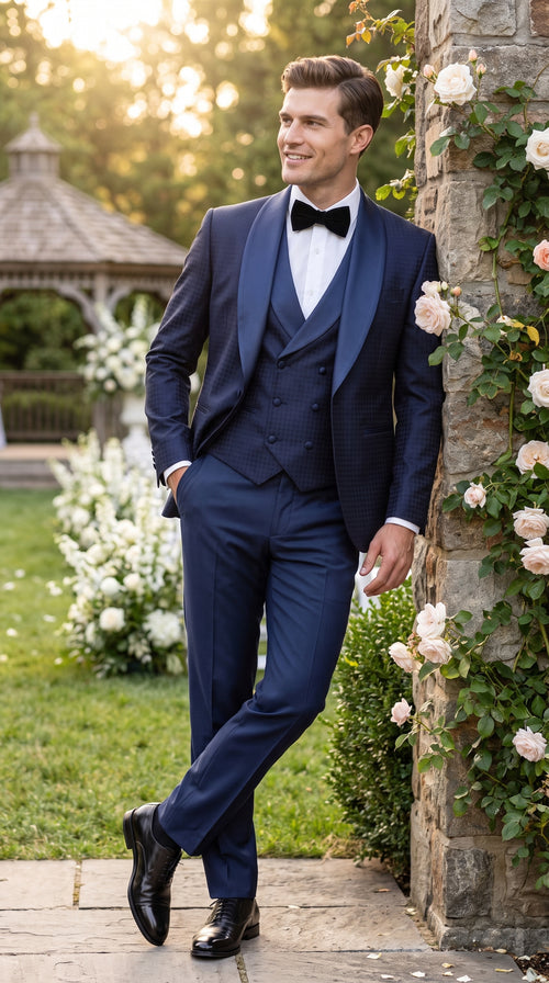 Men’s Navy Pinstripe Great Gatsby Tuxedo Suit, Shawl Collar Sateen Lapel Formal Wedding Prom Suit