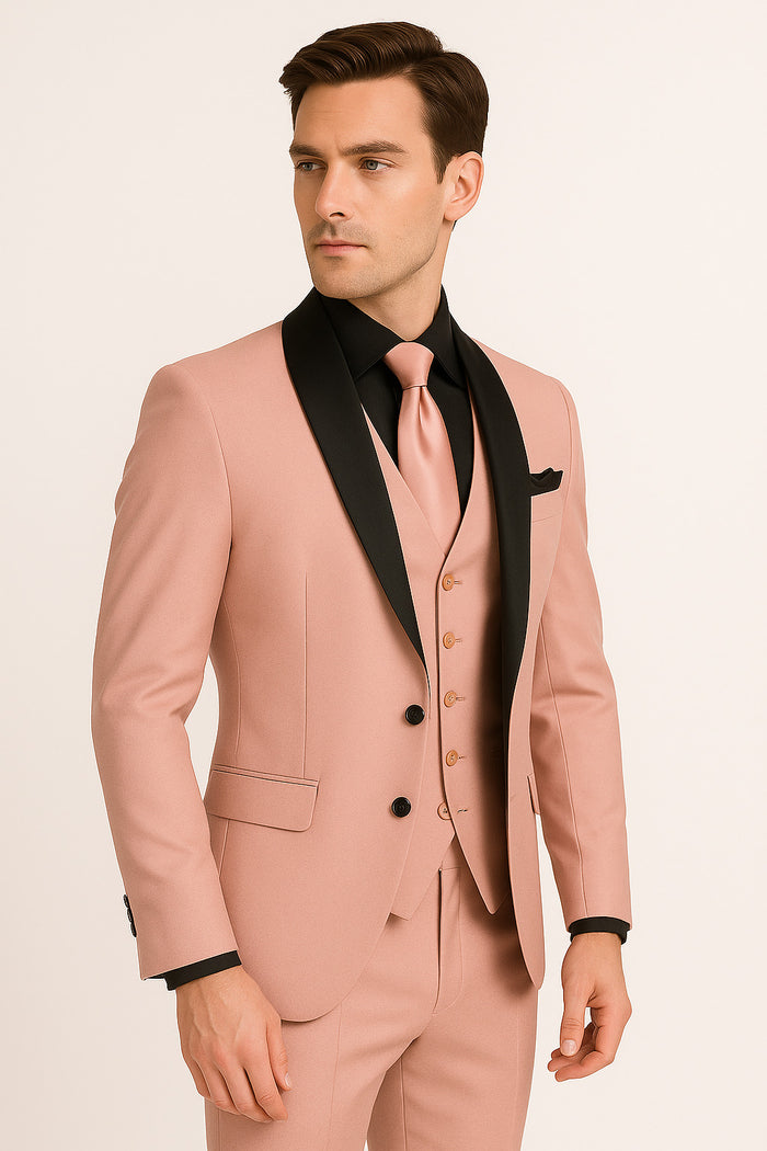 Men's Light Pink 3-Piece Tuxedo Suit with Black Satin Shawl Lapel - Formal Wear - Ultra Slim Fitted in Blush color by USA Men's Outlet