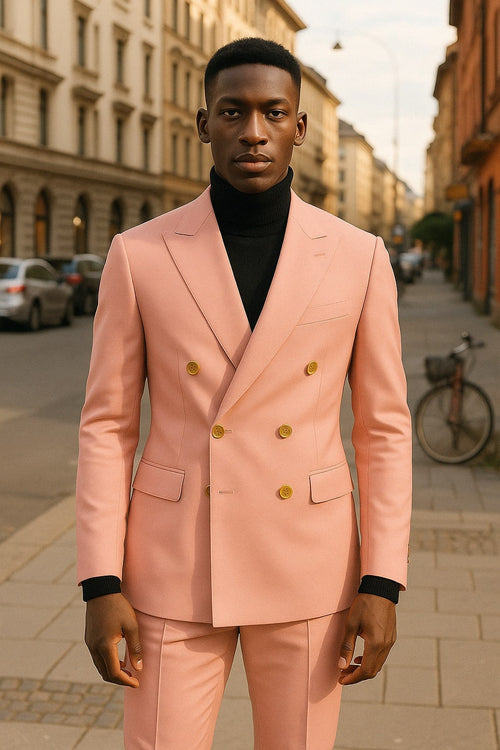 Mens Pink Double-Breasted Suit with Gold Buttons
