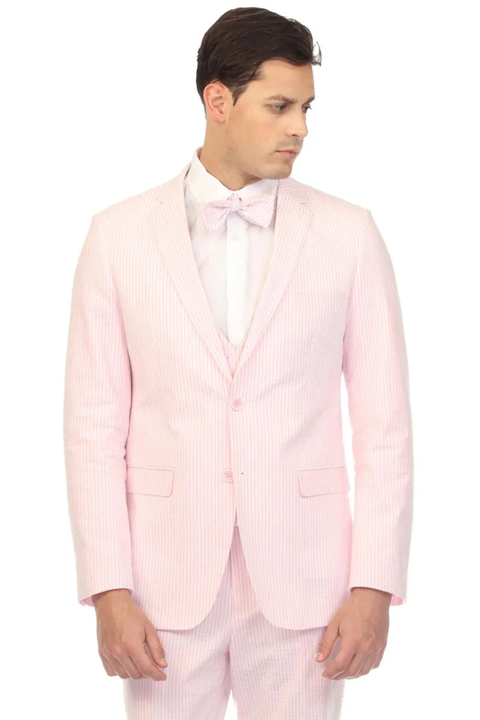 Mens 2PC Summer Seersucker Modern Fit Suit in Pink Pinstripe