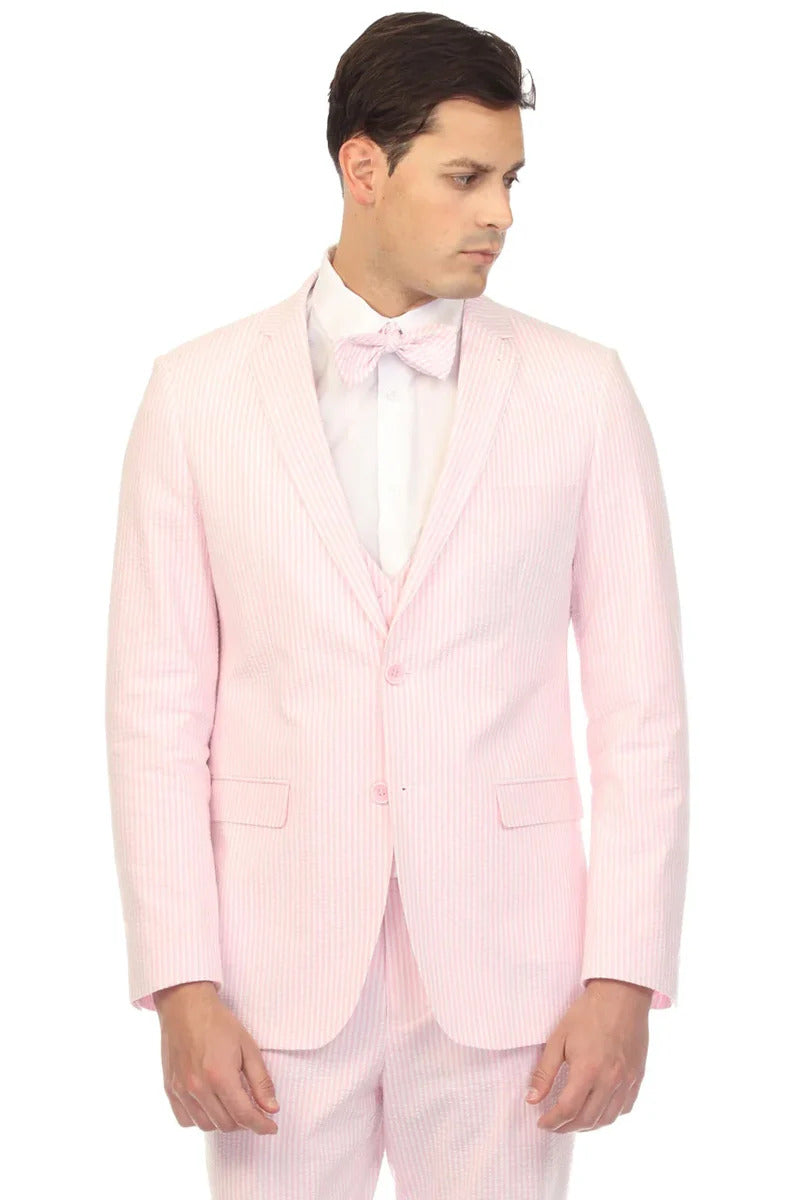 Mens 2PC Summer Seersucker Modern Fit Suit in Pink Pinstripe