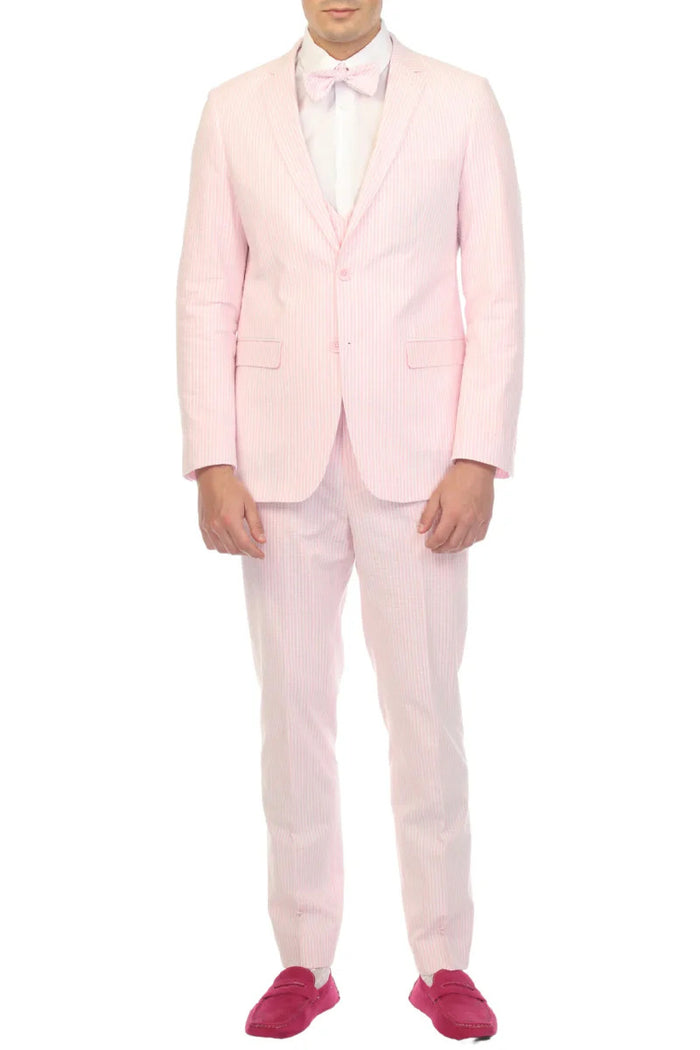 Mens 2PC Summer Seersucker Modern Fit Suit in Pink Pinstripe