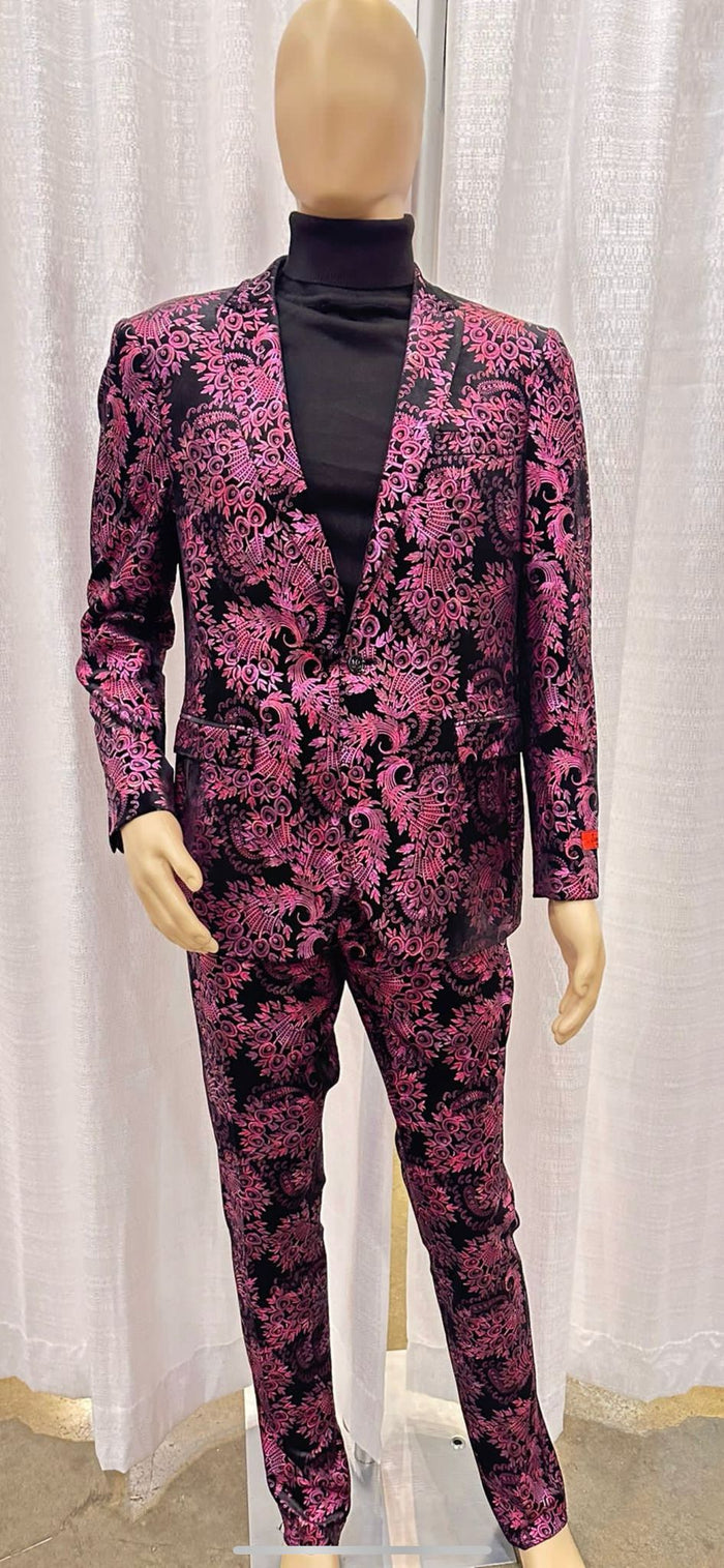 Mens Pink and Black Floral Tuxedo Suit - Slim Fit Two Piece Set by USA Men's Outlet