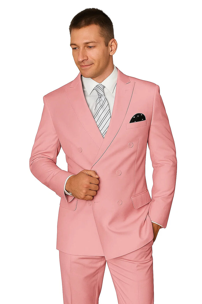 Elegant Men’s Double-Breasted Wool Suit in Soft Blush Pink by USA Men's Outlet
