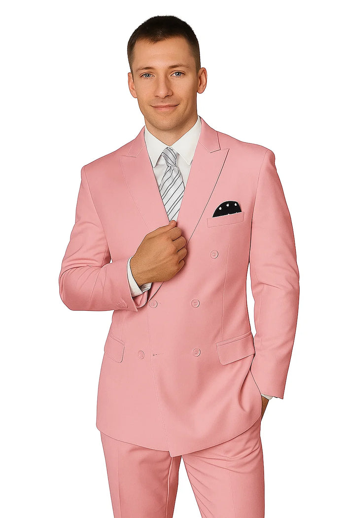 Elegant Men’s Double-Breasted Wool Suit in Soft Blush Pink by USA Men's Outlet