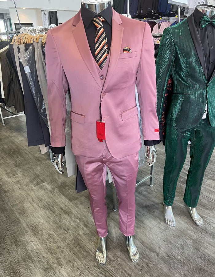 Men’s Pink 3-Piece Slim Fit Suit - Formal Wedding and Prom Outfit with Vest by USA Men's Outlet