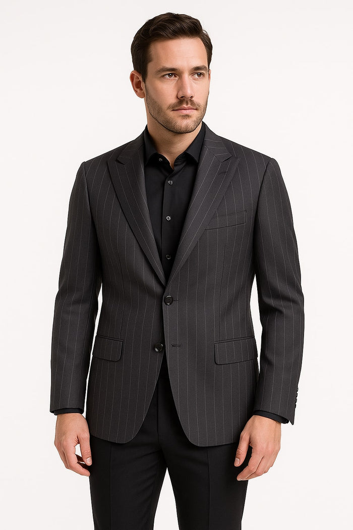 Pinstripe Blazer in Black Pinstripe Almost Dark Charcoal Grey Pinstripe Sport Coat - 1920s Pattern Sport Coat USA Men's Outlet