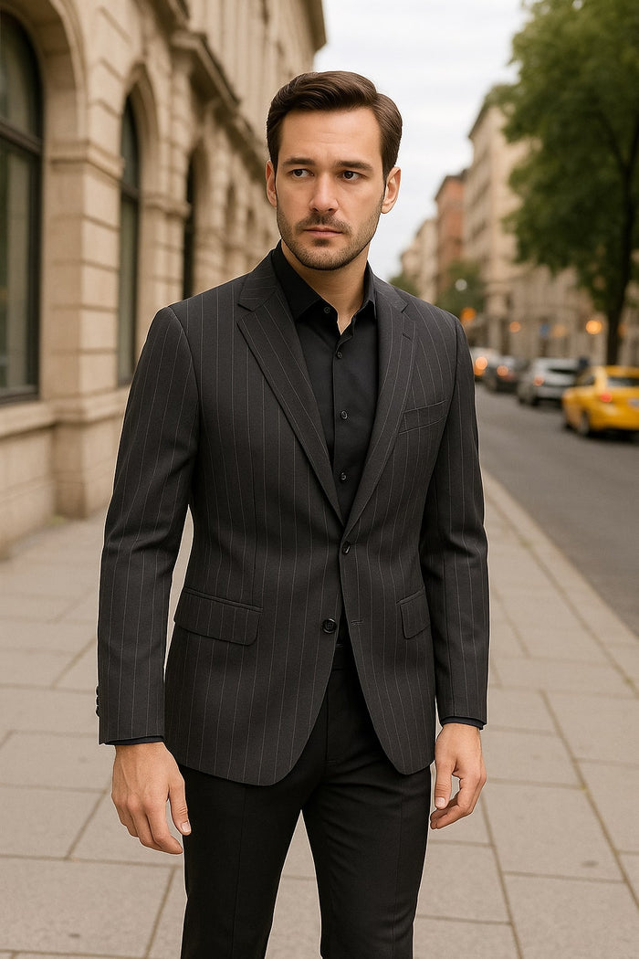 Pinstripe Blazer in Black Pinstripe Almost Dark Charcoal Grey Pinstripe Sport Coat - 1920s Pattern Sport Coat USA Men's Outlet
