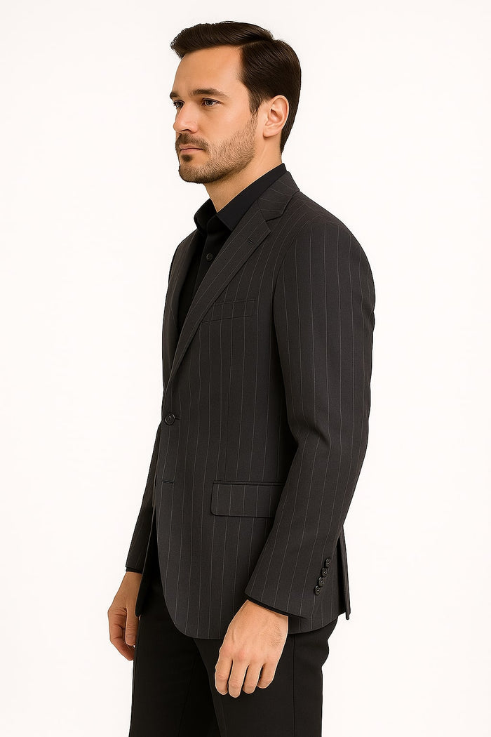 Pinstripe Blazer in Black Pinstripe Almost Dark Charcoal Grey Pinstripe Sport Coat - 1920s Pattern Sport Coat USA Men's Outlet