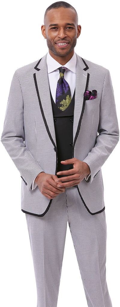 Pinstripe Tuxedo - Blue Pinstirpe Suit - Wedding Groom Suit Trim Collar Two Toned (Copy)