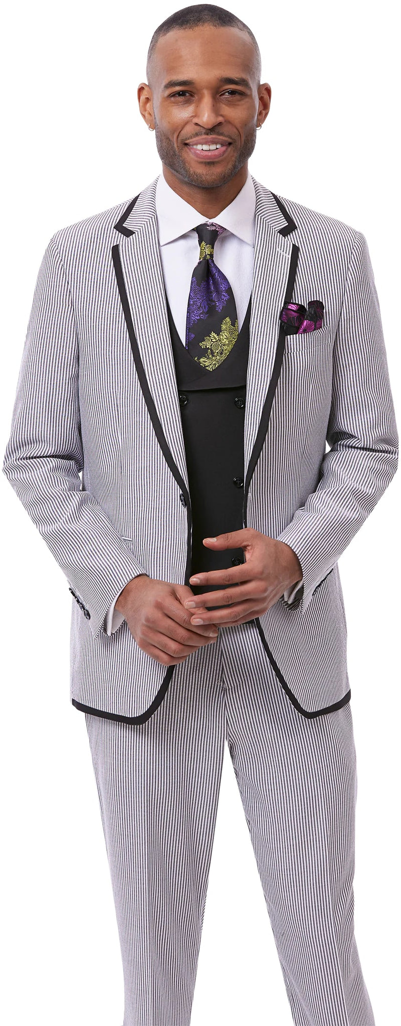 Pinstripe Tuxedo - Blue Pinstirpe Suit - Wedding Groom Suit Trim Collar Two Toned (Copy)