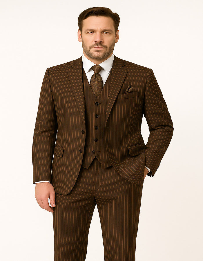 Men's Brown Pinstripe 3-Piece Suit with Matching Vest - Classic Fit Business and Formal Attire by USA Men's Outlet