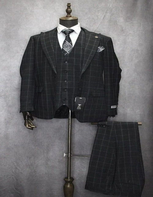 Mens Two Button Peak Lapel Plaid Pattern Suit Charcoal ~ White by USA Men's Outlet