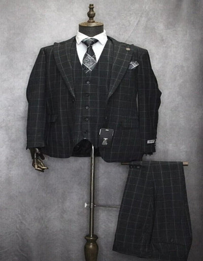 Mens Two Button Peak Lapel Plaid Pattern Suit Charcoal ~ White by USA Men's Outlet