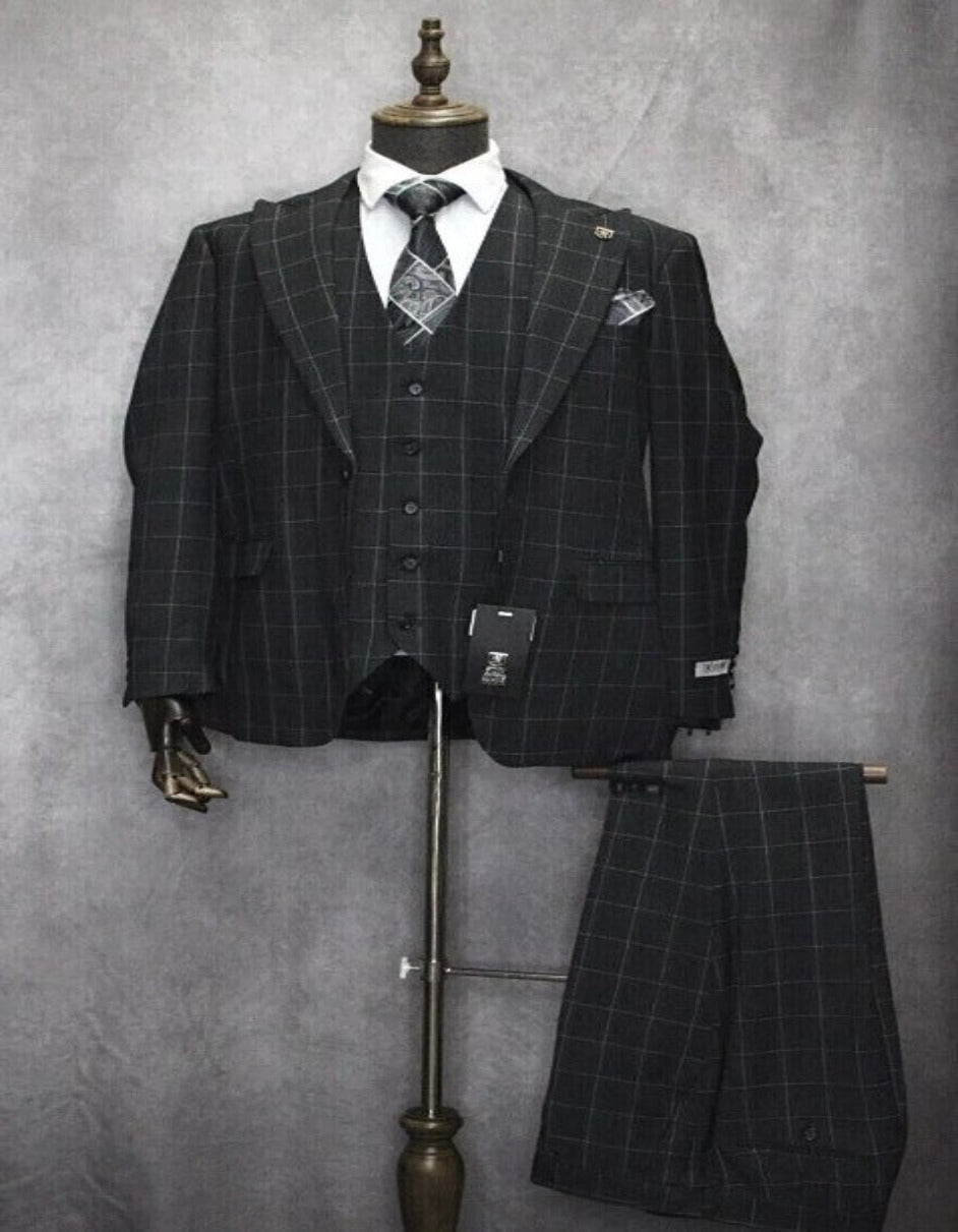 Mens Two Button Peak Lapel Plaid Pattern Suit Charcoal ~ White by USA Men's Outlet