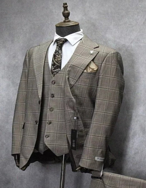 Mens Two Button Notch Lapel Plaid Pattern Suit Tan ~ Brown by USA Men's Outlet