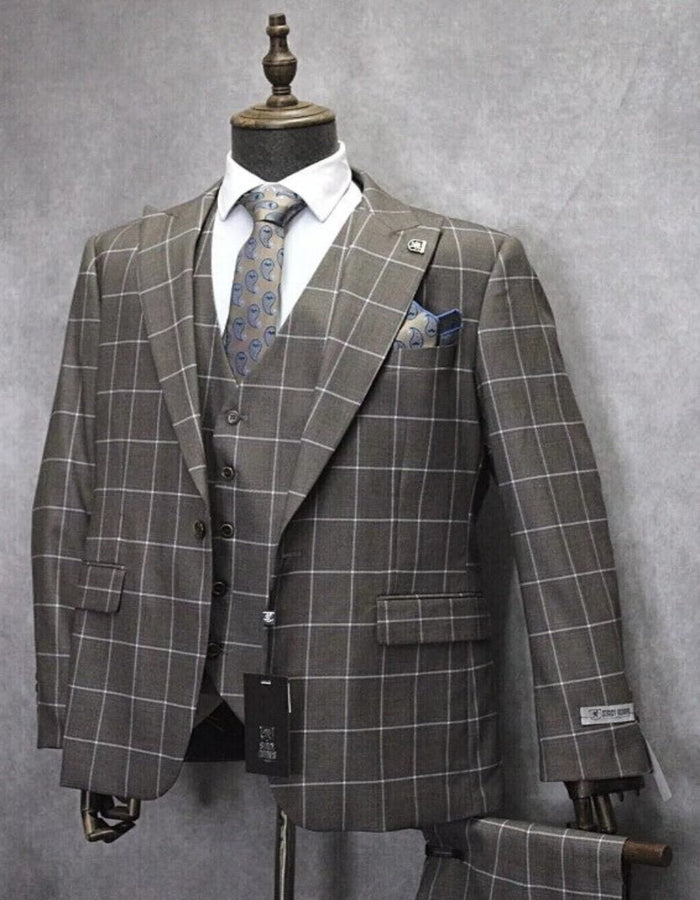 Mens One Button Peak Lapel Plaid Pattern Suit Tan ~ White ~ Blue by USA Men's Outlet