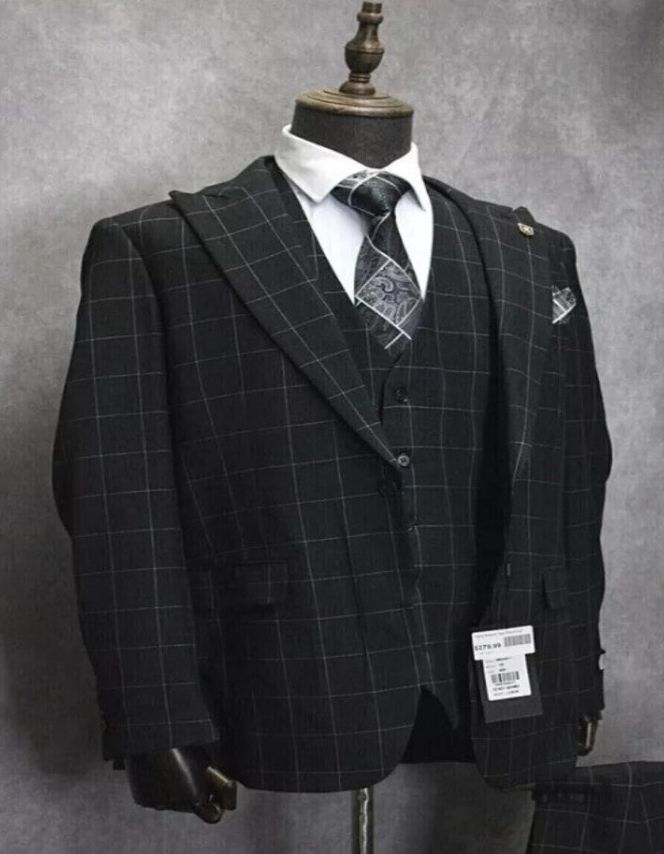 Mens Two Button Peak Lapel Plaid Pattern Suit Charcoal ~ White by USA Men's Outlet