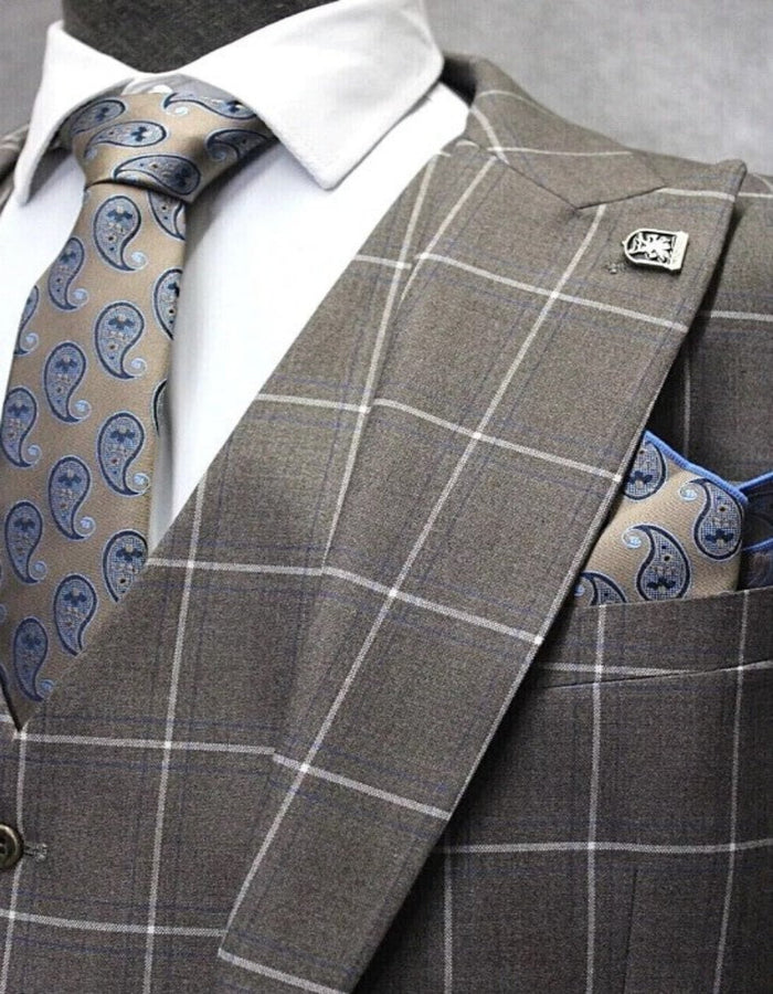Mens One Button Peak Lapel Plaid Pattern Suit Tan ~ White ~ Blue by USA Men's Outlet