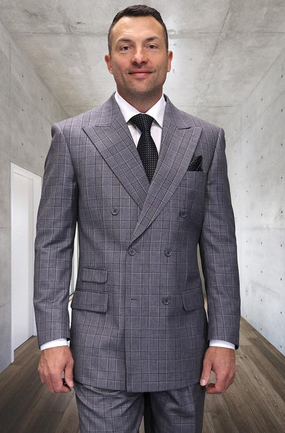 Mens Double Breasted Wool Suit Grey Plaid Regular Fit Black Gray USA Men's Outlet