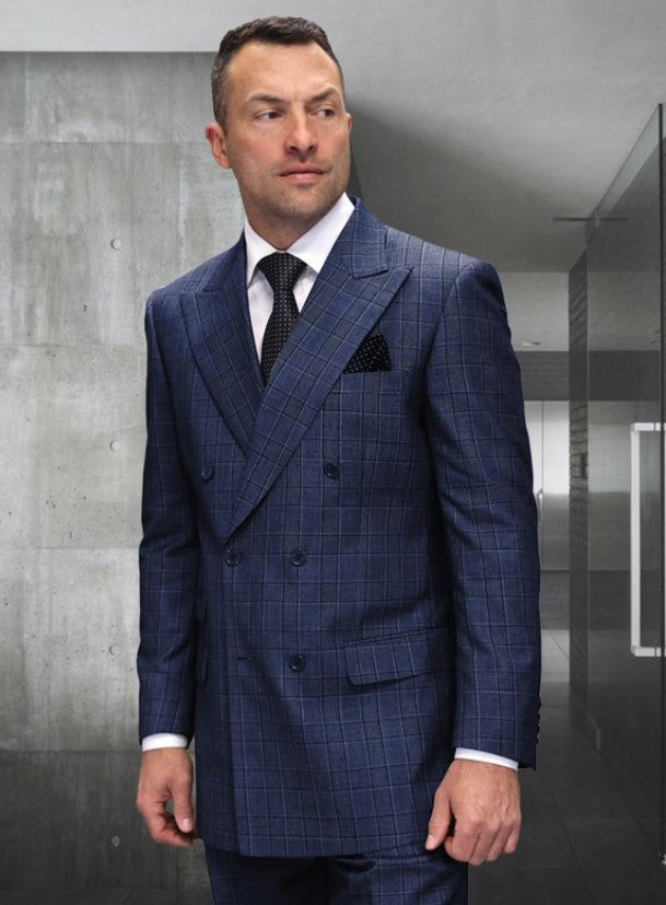 Mens Double Breasted Wool Suit Grey Plaid Regular Fit Sapphire by USA Men's Outlet