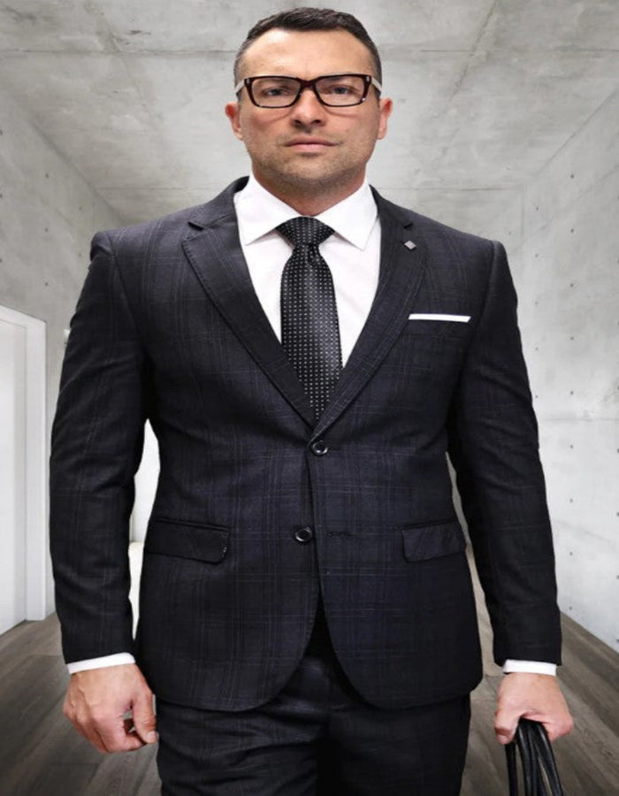 Mens 3 Piece 100 Percent Wool Suit - Affordable Italian Super 150's Fabric in Plaid Texture Fabric in Color Black - Online Special USA Men's Outlet